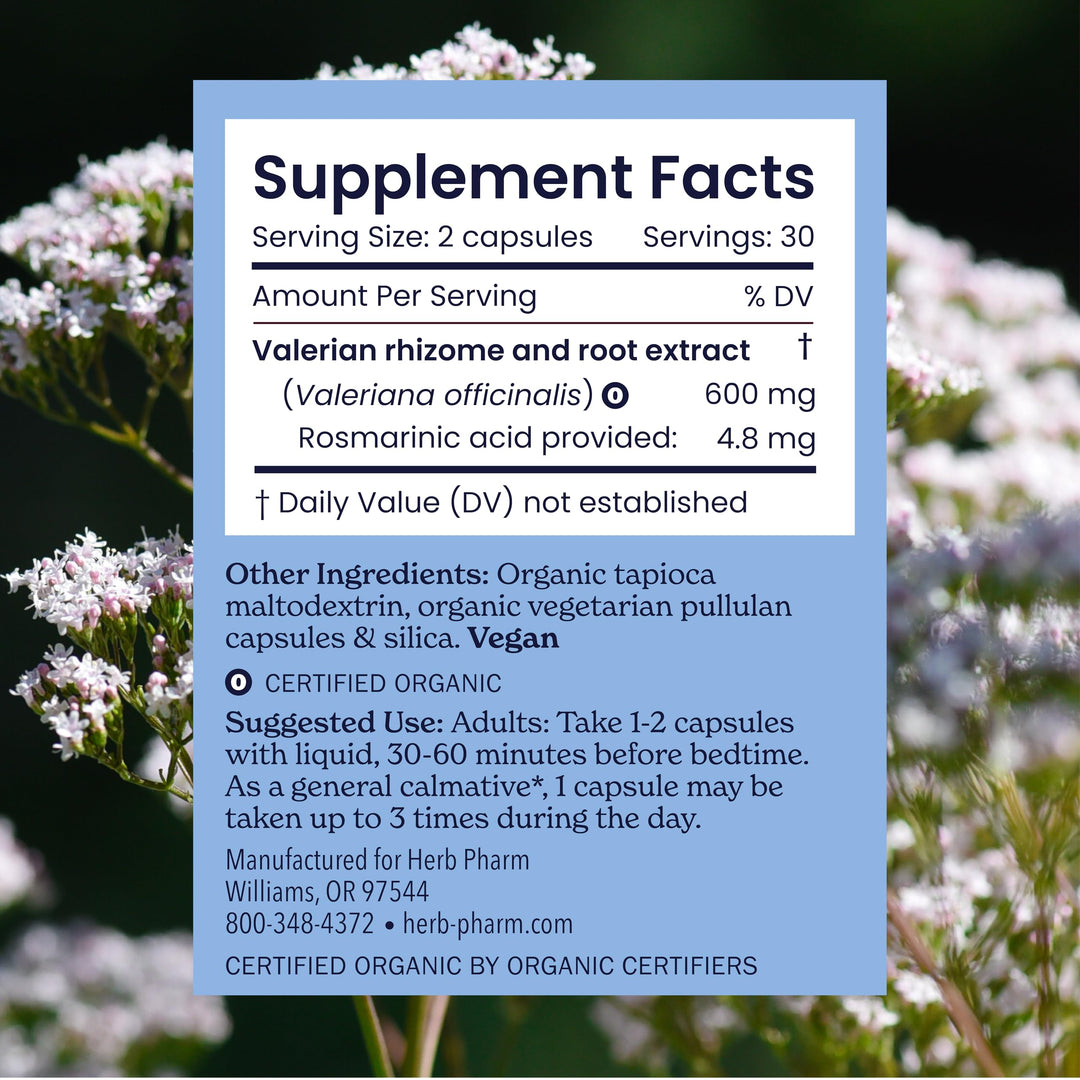 Herb Pharm Valerian Root Sleep Support Capsules: Certified Organic Sleep Aid for Adults Valeriana Extract for Relaxation, Non-Bitter, Melatonin Free, Vegan, ~30-60 Day Supply, 60 Capsules*