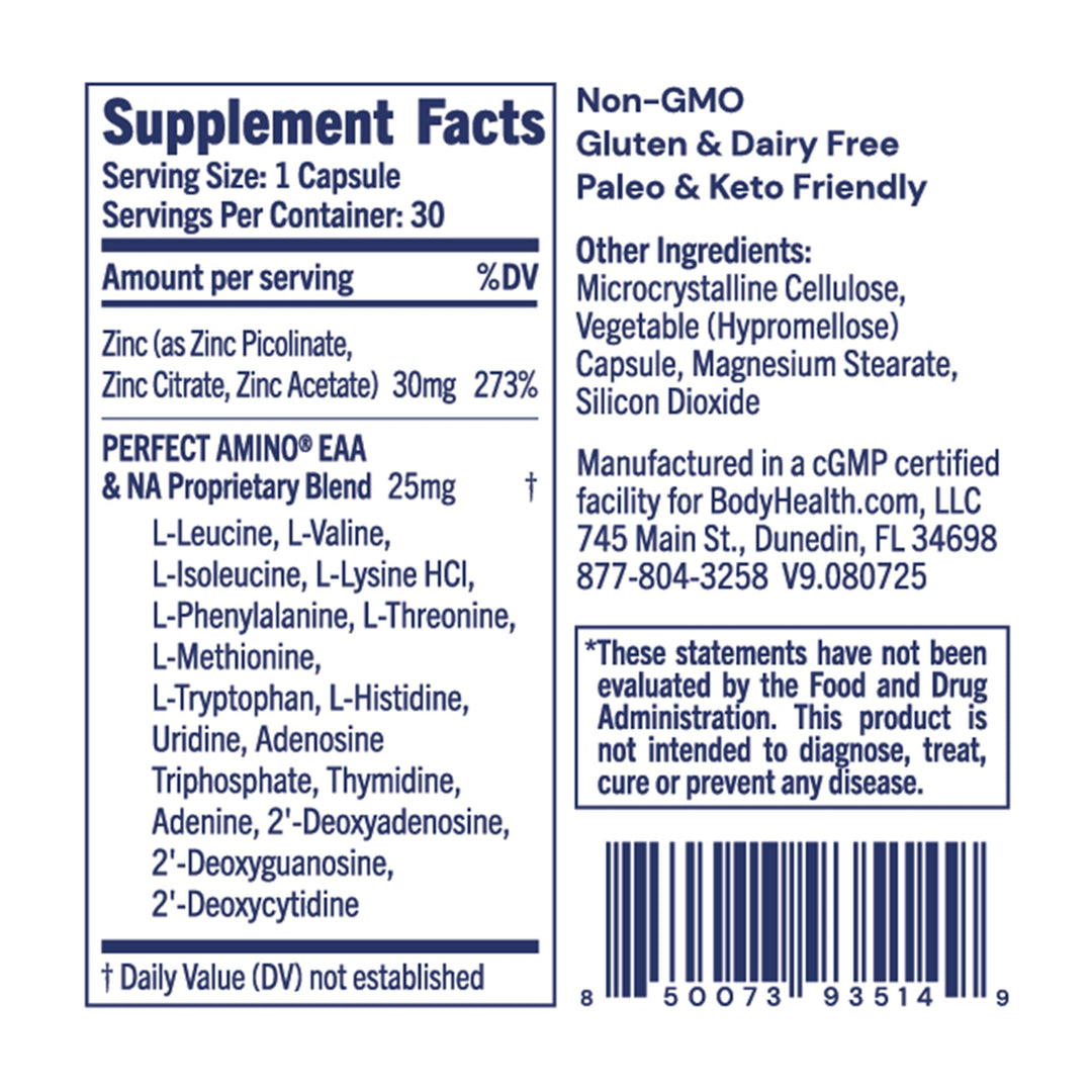 BodyHealth Zinc 30mg - Supplement for Growth &amp; Development, Antioxidant Activity - Natural Immune Defense &amp; Cellular Health - 30 Capsules