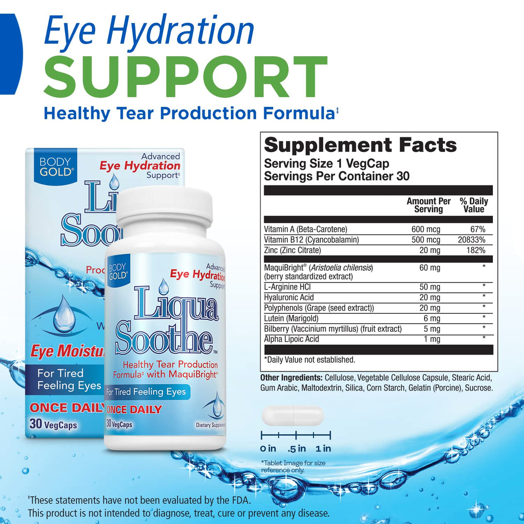 Body Gold Liqua Soothe Eye Health Supplement, Healthy Tear Production Formula for Dry, Tired Feeling Eyes, w/MaquiBright, Vitamin A, Lutein and Hyaluronic Acid, 60 Day Guarantee, 30 Serv, 30 VegCaps