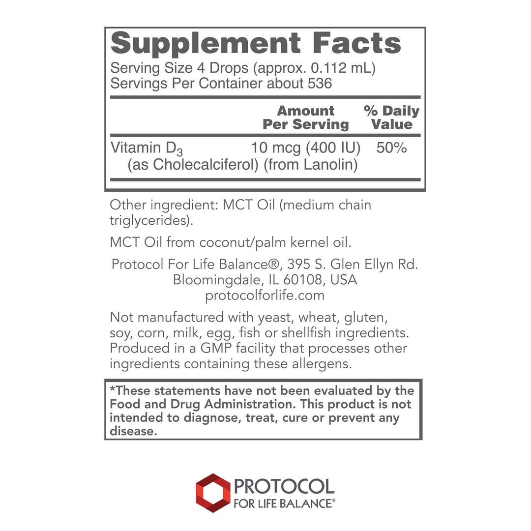 Dim Gray Protocol For Life Balance Liquid Vitamin D3 400 IU Per 4 Drops 2 Oz - P0370