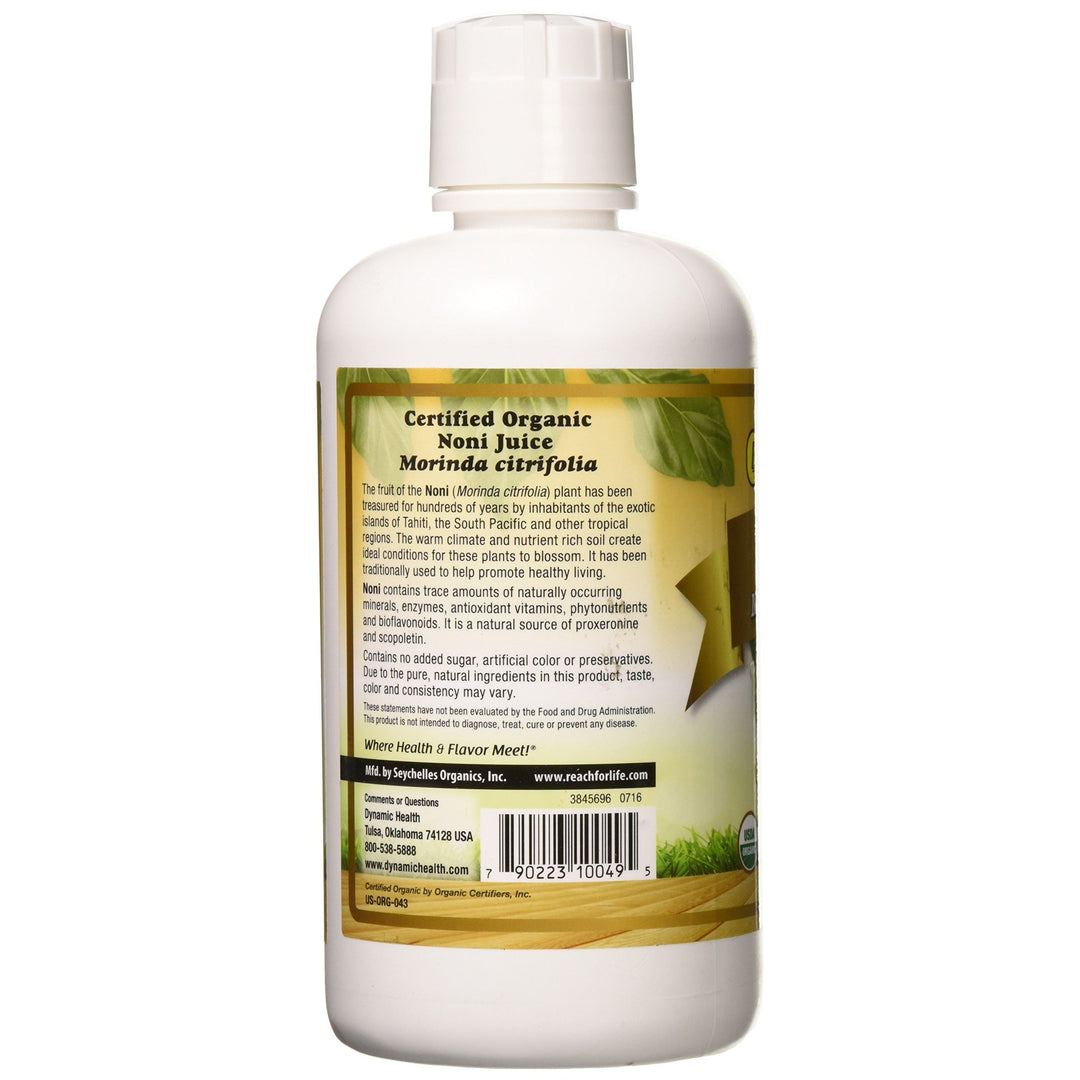 Dynamic Health Certified Organic Noni (Morinda citrifolia) 100% Juice | For Increased Energy &amp; Body Health | No Additives, Vegetarian | 32oz Plastic