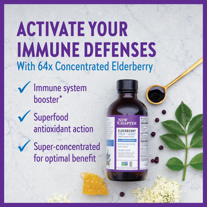 New Chapter Elderberry Syrup, 24 Servings, Immune Defense for Adults &amp; Kids (2+), 64x Concentrated Black Elderberry + Throat-Soothing Grade A Honey, Non-GMO Project Verified, Gluten Free
