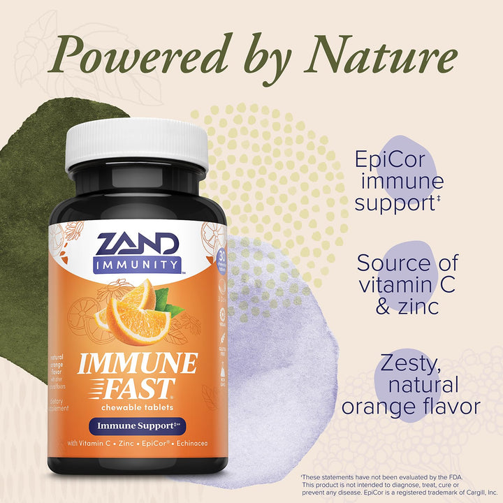 Zand Immune Fast Zesty Orange Chews | Boosts Immune Response &amp; Cell Activity w/EpiCor*, Echinacea, 30 Tablets, 10 Serv.