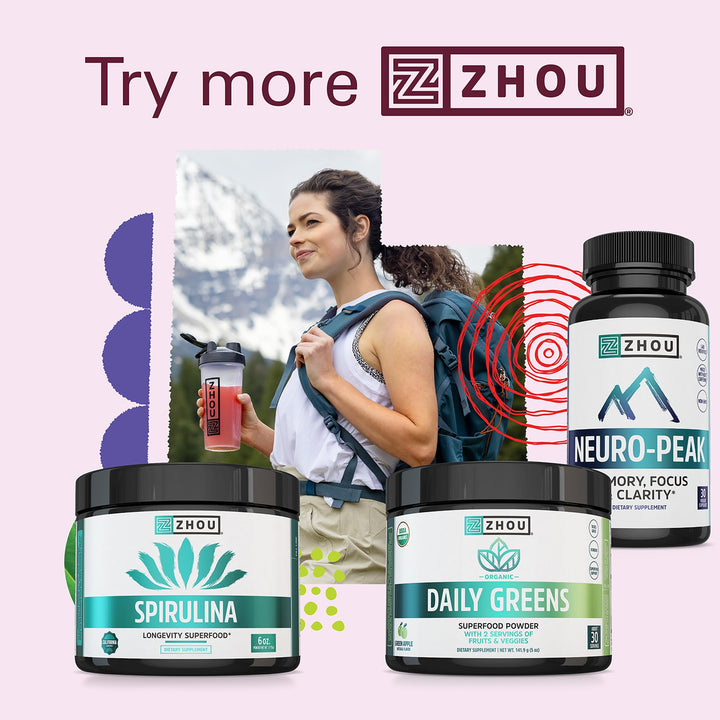 Zhou Spirulina Powder - Blue Green Spirulina Superfood for Women &amp; Men with Vegan Protein, Chlorophyll &amp; Phycocyanin for Smooth Energy &amp; Longevity, Drink Mix for Smoothies - 6 oz Jar (48 Servings)