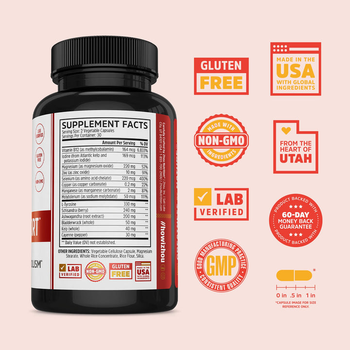 ZHOU Thyroid Support - Thyroid Supplement for Women &amp; Men with Zinc, Iodine, &amp; Selenium, Cellular Energy Thyroid Complex with Ashwagandha, Kelp - 60 Veggie Capsules (Pack of 1)