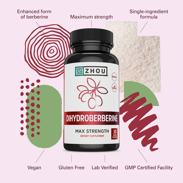 ZHOU Dihydroberberine 100 mg Supplement for Women &amp; Men - Enhanced Form of Berberine, Dihydroberberine 100mg Capsules, Natural Energy &amp; Cardiovascular Health Support, Vegan, Non GMO - 30 Caps