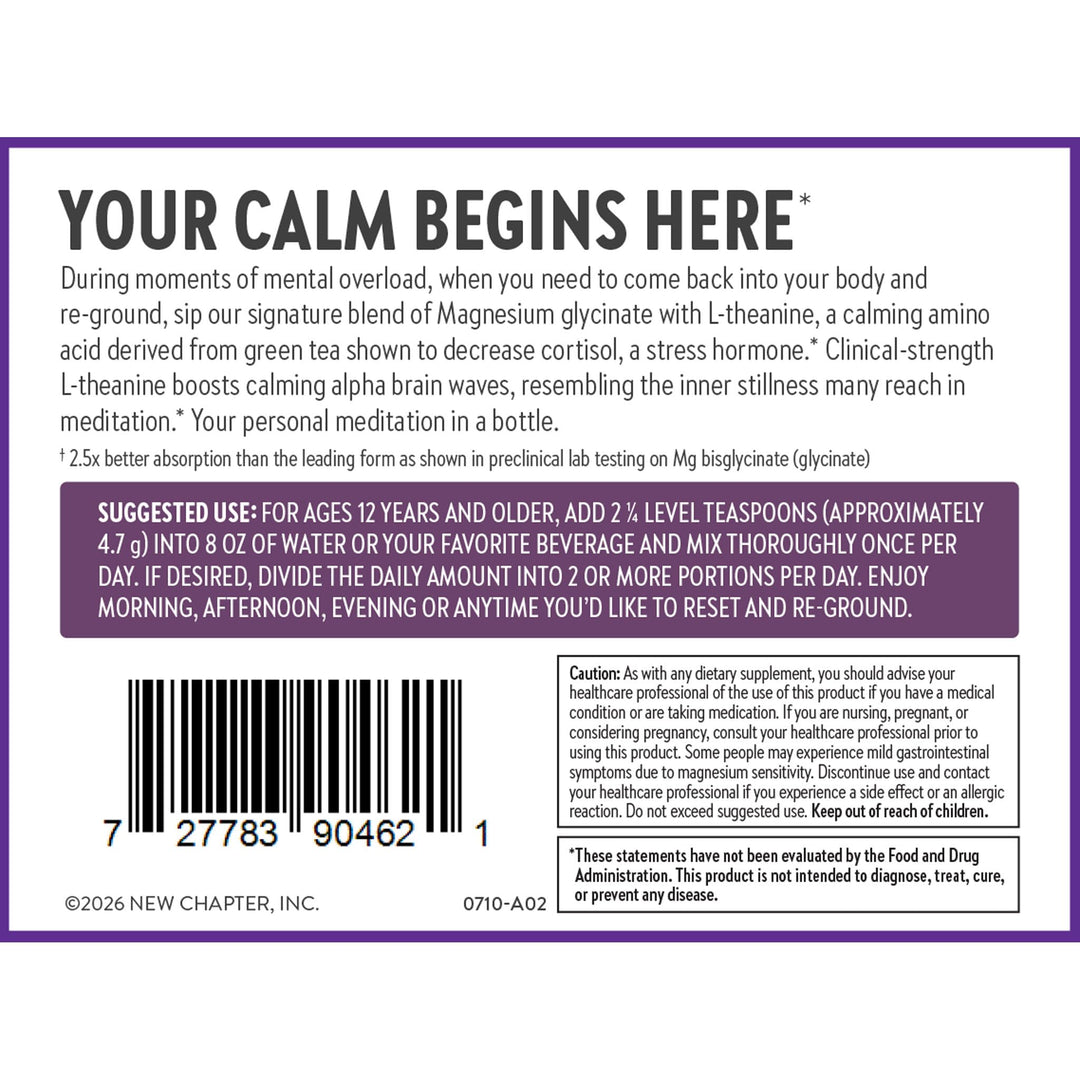 New Chapter Magnesium Glycinate + L-Theanine Supplement Powder, with 325 mg Magnesium &amp; L-Theanine 200 mg for Calm, Focus, Mental Clarity, Muscle Relaxation &amp; Cortisol Balance*, 30 Servings
