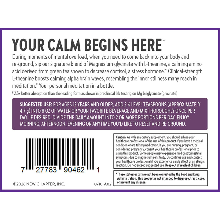 New Chapter Magnesium Glycinate + L-Theanine Supplement Powder, with 325 mg Magnesium &amp; L-Theanine 200 mg for Calm, Focus, Mental Clarity, Muscle Relaxation &amp; Cortisol Balance*, 30 Servings