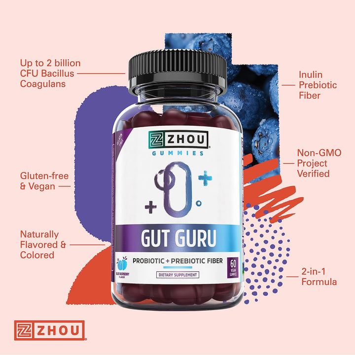 Zhou Gut Guru - Gut Health Gummies for Men and Women, Prebiotic and Probiotic Fiber Supplement for Digestion and Gut Health Support, Gluten Free, Non-GMO - 60 Vegan Gummies