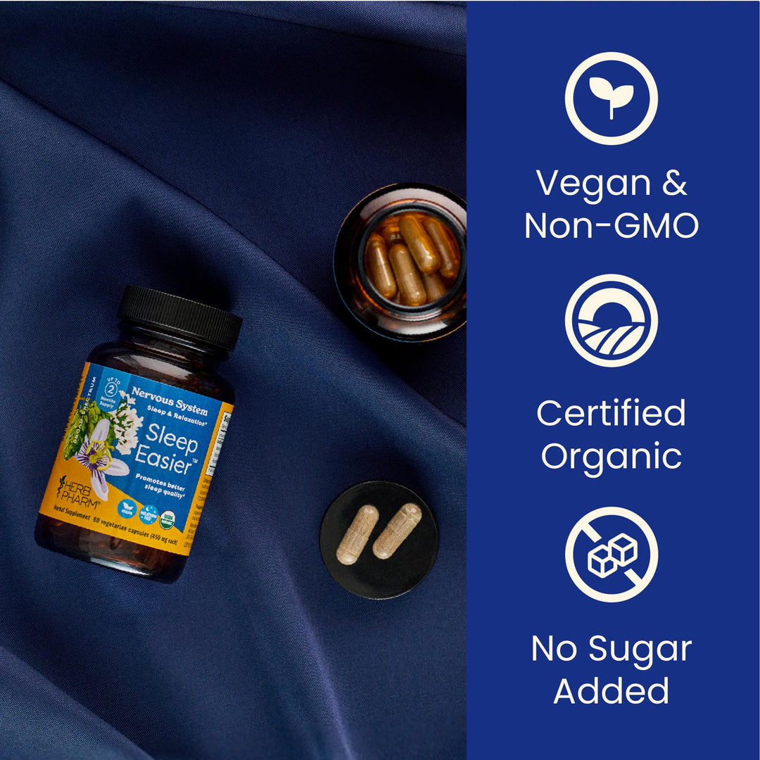 Herb Pharm Sleep Easier Capsules with Valerian Root &amp; Rhizome, Passionflower &amp; Hops. Melatonin Free Certified Organic Herbal Sleep Aid for Adults, Vegan, ~30-60 Day Supply, 60 Capsules*