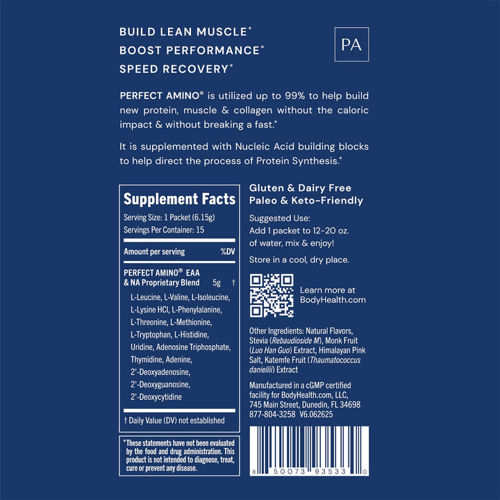 BodyHealth PerfectAmino Powder - BCAA and EAA Powder for Pre and Post Workout - Amino Acid Energy Drink for Men and Women to Support Lean Muscle and Recovery - Chocolate - Stick Packs - 15 Servings