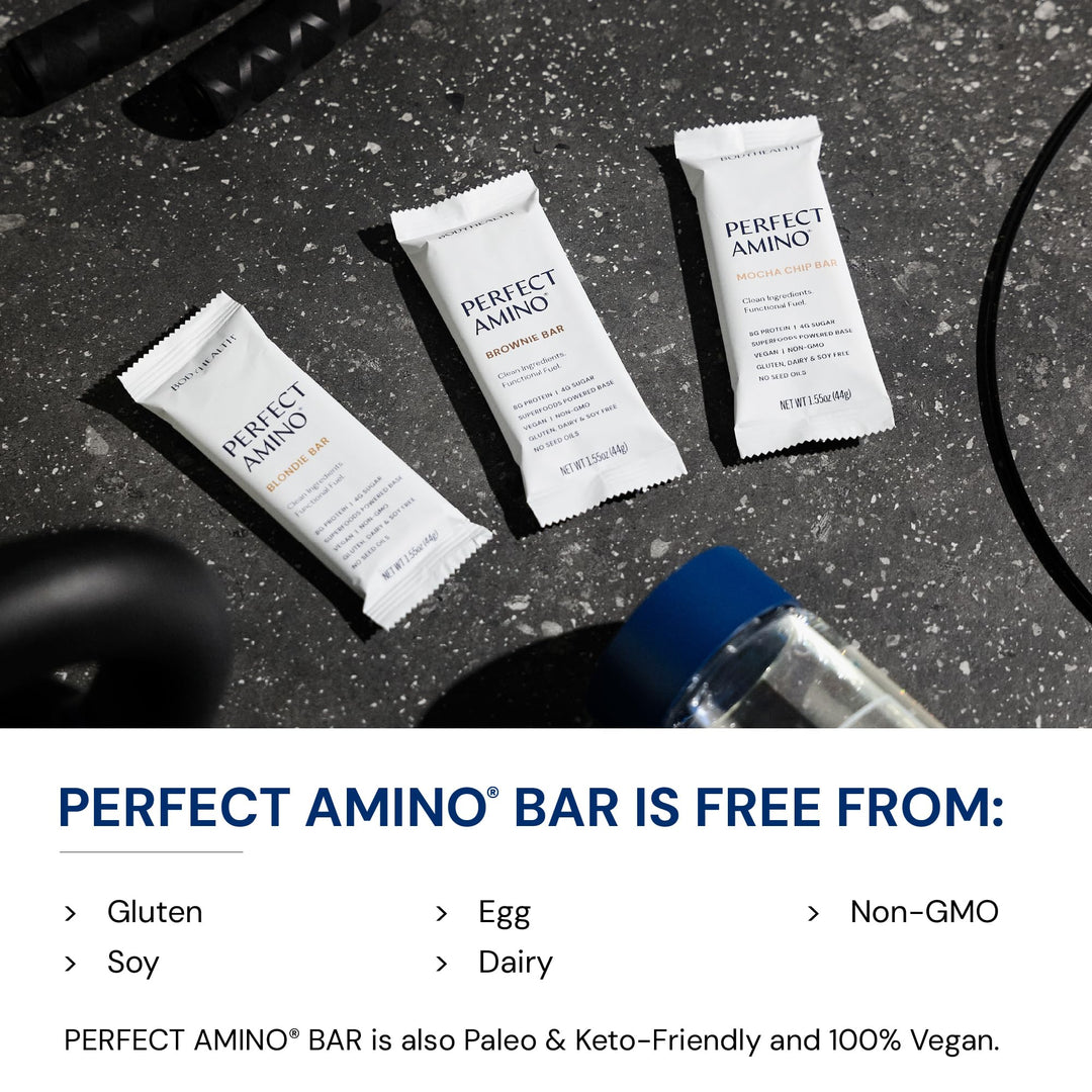BodyHealth PerfectAmino Bar – Protein Energy Snack with 10g Protein, Plant-Based MCTs, Superfood Blend, Non-GMO, Gluten, Dairy &amp; Soy Free (Brownie, 12 Pack)