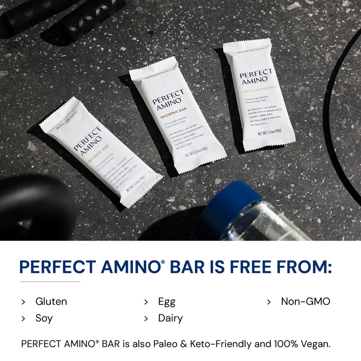 BodyHealth PerfectAmino Bar – Protein Energy Snack with 10g Protein, Plant-Based MCTs, Superfood Blend, Non-GMO, Gluten, Dairy &amp; Soy Free (Brownie, 12 Pack)