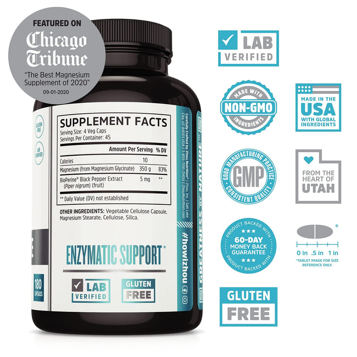 Zhou Magnesium Glycinate - Pure Mag Glycenate Supplement for Men &amp; Women, Natural Sleep Aid, Heart Health Support, Muscle Relaxation &amp; Vitality - 180 Vegan Friendly Capsules