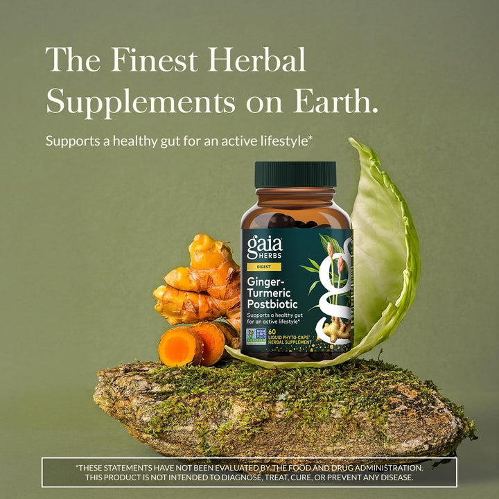 Gaia Herbs Ginger-Turmeric Postbiotic - Healthy Gut Support* - 60 Vegan Liquid Phyto-Caps (30 Servings)