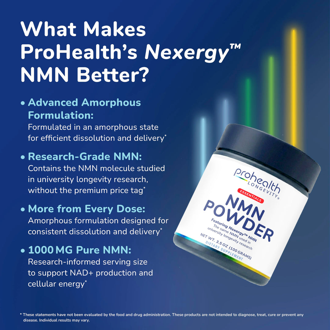ProHealth Longevity Essentials NMN Powder (100 Grams) - Featuring Nexergy NMN Powder Supplement, NAD+ Precursor, Dietary Supplement, Cellular Health, Metabolism Support
