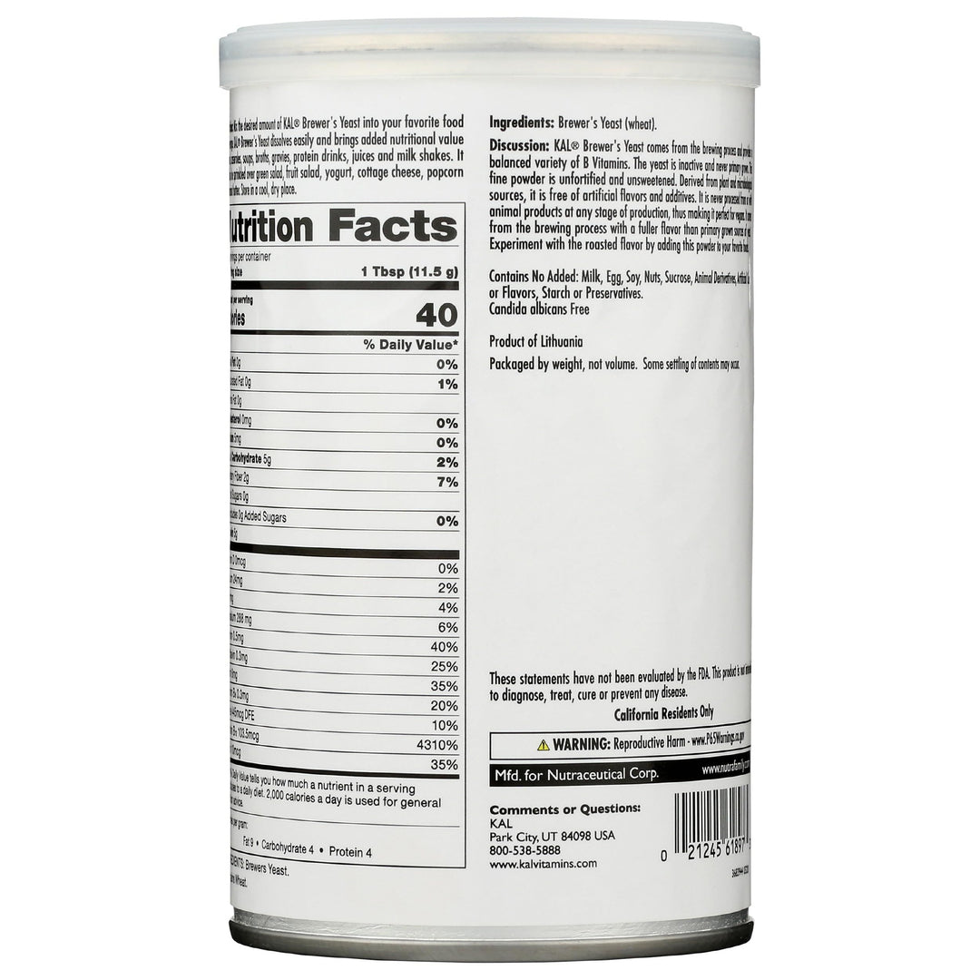KAL Brewers Yeast Powder, Unfortified, Unsweetened Super Food, 100% Natural Source of Protein, B Complex Vitamins, Amino Acids - Vegan, Preservative Free, Made Without Soy - Approx. 18 Servings, 7.4oz
