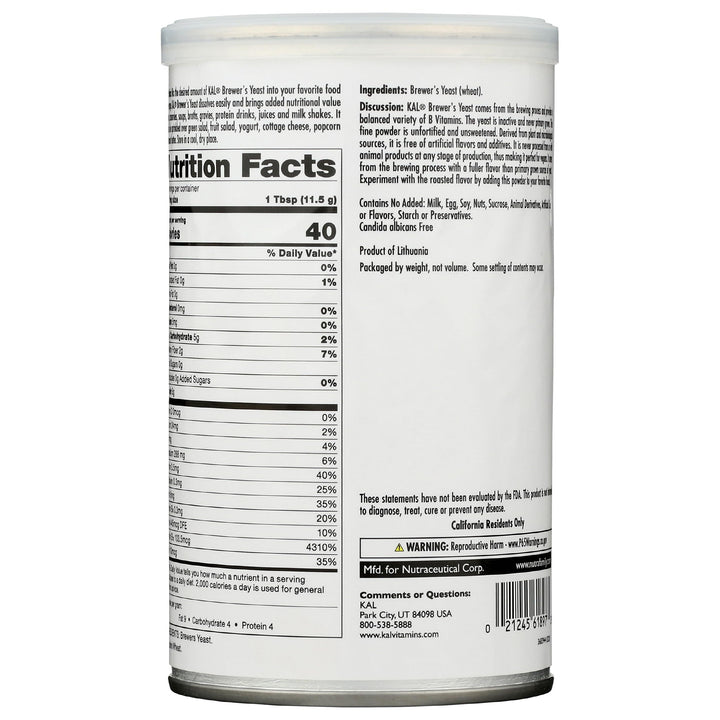 KAL Brewers Yeast Powder, Unfortified, Unsweetened Super Food, 100% Natural Source of Protein, B Complex Vitamins, Amino Acids - Vegan, Preservative Free, Made Without Soy - Approx. 18 Servings, 7.4oz