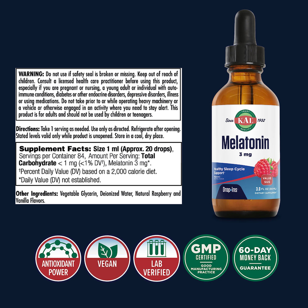 KAL Melatonin 3mg DropIns, Fast Acting Sleep Aid, Melatonin Drops for Calming Relaxation and Healthy Sleep Cycle Support, Natural Raspberry Flavor, 60 Day Guarantee, Approx. 88 Servings, 3 fl oz - The Oasis of Health