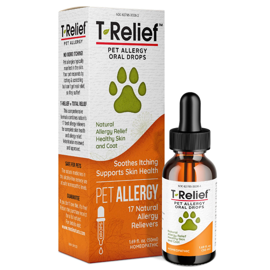T-Relief Pet Allergy Support Drops for Dogs &amp; Cats Itchy Relief Supports Healthy Skin &amp; Coat Natural Medicine Helps Soothe Hot Spot Itching Paws Licking Runny Nose Sneezing Watery Eyes - 1.69 Fl oz