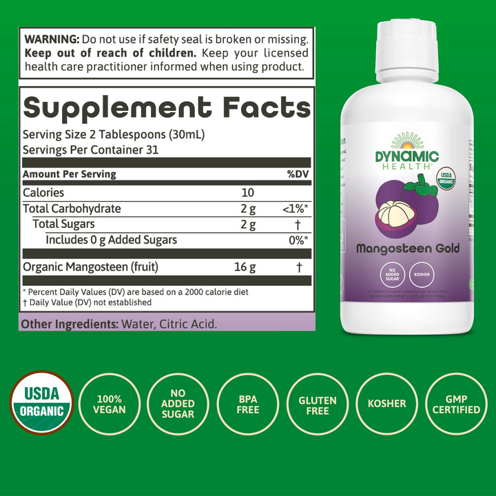 Dynamic Health Mangosteen Gold, Organic Mangosteen 100% Juice, No Additives, Antioxidant, Vegan, Gluten Free, Non-GMO, 32 Fl oz