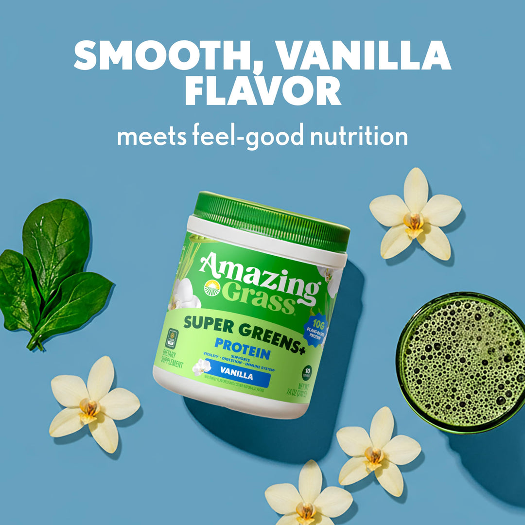 Amazing Grass Super Greens+ Protein Powder, Vanilla – 10g Plant-Based Protein, Supports Digestion &amp; Immune System, Organic Greens Blend, 10 Servings