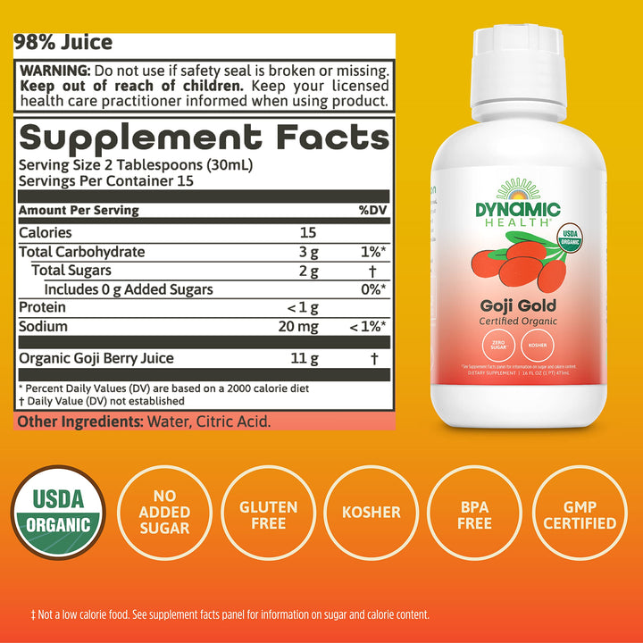 Dynamic Health Organic Goji Gold Pure Juice, No Additives, Vegetarian, BPA Free, 16 Fl oz