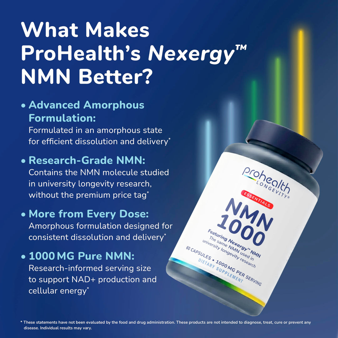 ProHealth Longevity Essentials NMN 1000 (1000mg per Serving, 60 Capsules) - Featuring Nexergy NMN 1000mg Supplement, NAD+ Precursor, Dietary Supplement, Cellular Health, Metabolism Support
