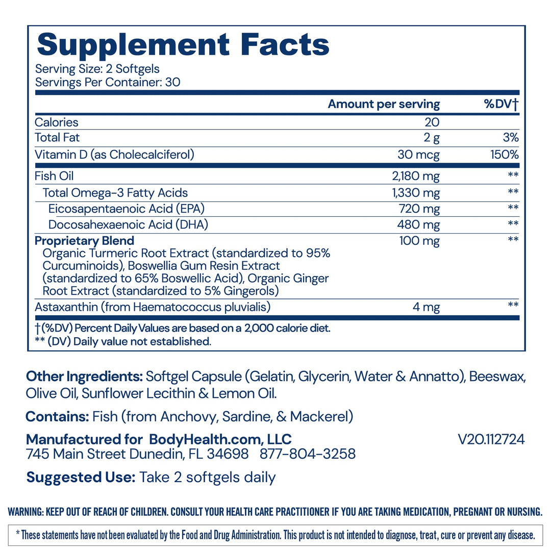 BodyHealth Omega 3 Health, Fish Oil Supplement for Women and Men, Heart and Brain Health, Fish Oil Pills, Fatty Acid Supplements, Omega 3 Vitamins - 60 Soft Gels
