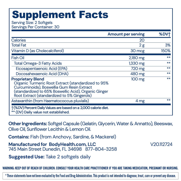 BodyHealth Omega 3 Health, Fish Oil Supplement for Women and Men, Heart and Brain Health, Fish Oil Pills, Fatty Acid Supplements, Omega 3 Vitamins - 60 Soft Gels