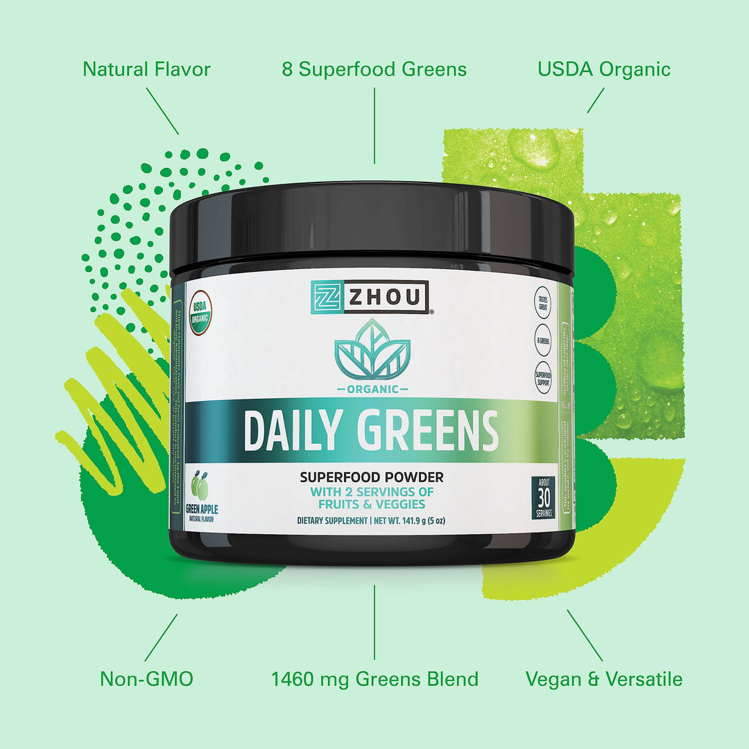 Zhou Organic Daily Greens Powder - Greens Superfood Powder for Juice, Smoothie, Super Food Drink Mix with Spirulina &amp; Kale, Vegetables Supplement - Green Apple Flavor, 5 oz (30 Servings)