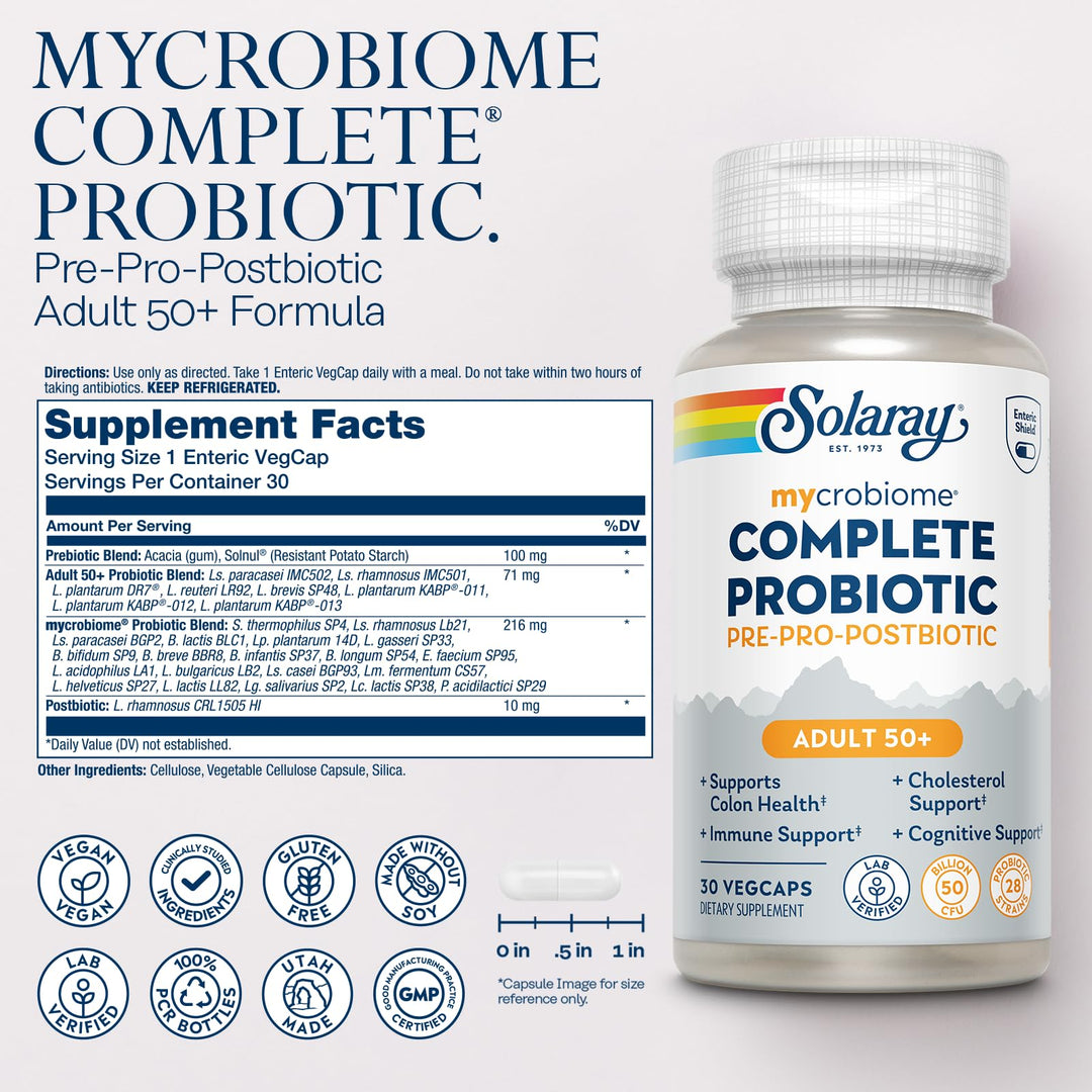 SOLARAY Mycrobiome Complete Probiotic Adult 50 Plus - Pre and Probiotics for Women and Men Plus Postbiotic - 50 Billion CFU, 28 Strains - Vegan - 30 Servings, 30 VegCaps
