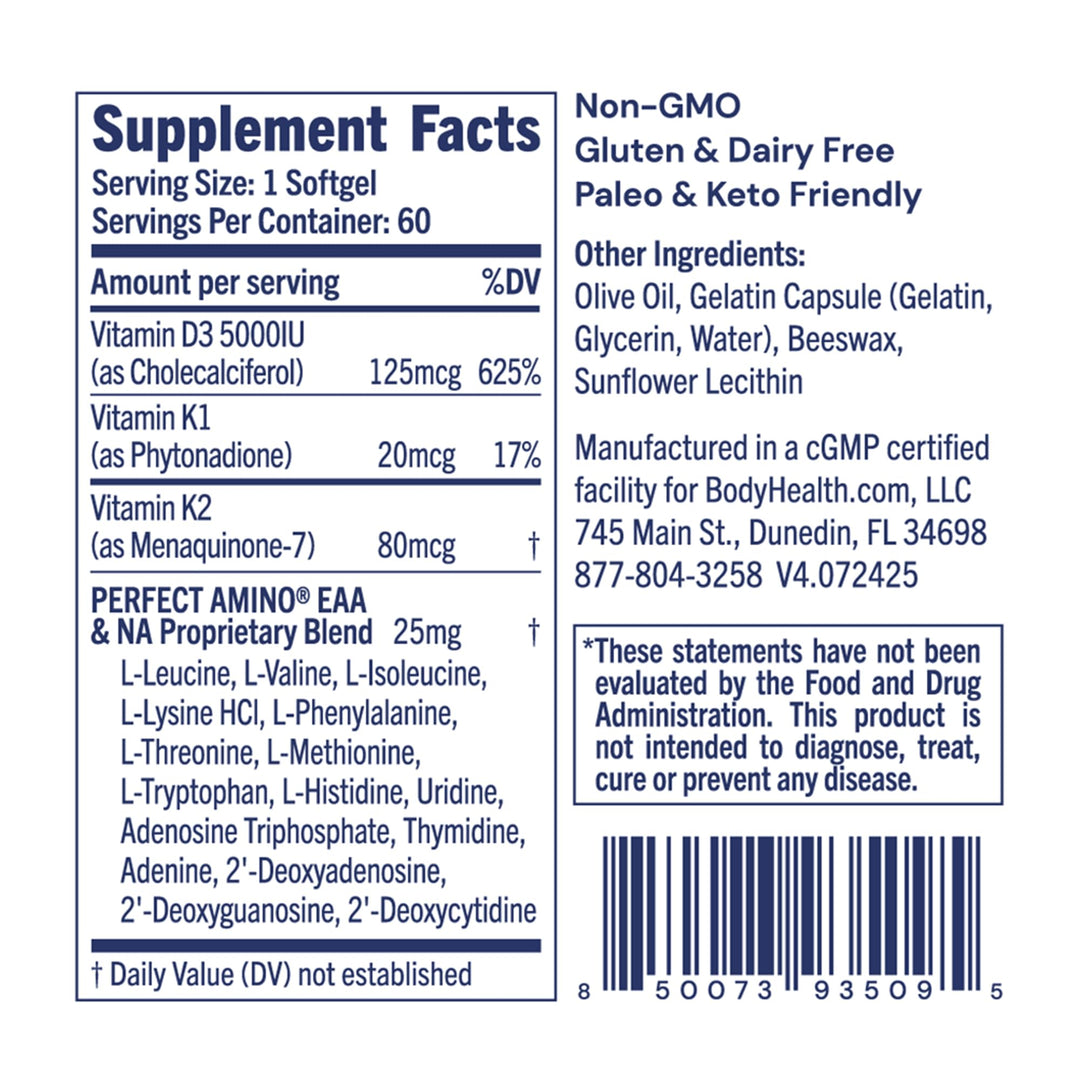 BodyHealth D3 + MK7 - Vitamin D3 5000IU, Vitamin K1, Vitamin K2 - Easy to Swallow Supplement, Supports Bone Strength &amp; Calcium Absorbtion* - 60 Softgels