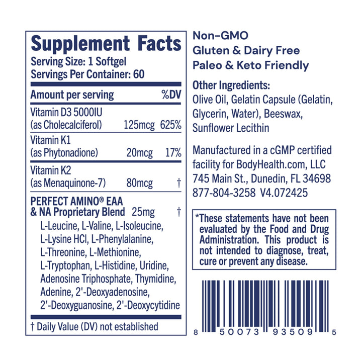 BodyHealth D3 + MK7 - Vitamin D3 5000IU, Vitamin K1, Vitamin K2 - Easy to Swallow Supplement, Supports Bone Strength &amp; Calcium Absorbtion* - 60 Softgels