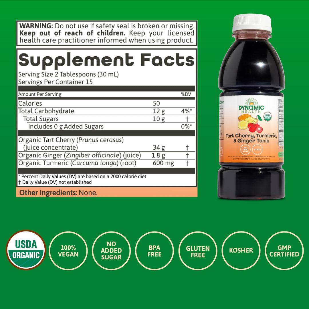 Dynamic Health Tart Cherry Juice Tonic with Turmeric &amp; Ginger | Vegetarian and Kosher | Key Compounds | 16 Fl Oz