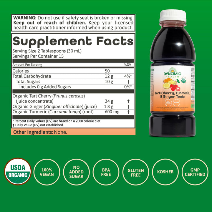 Dynamic Health Tart Cherry Juice Tonic with Turmeric &amp; Ginger | Vegetarian and Kosher | Key Compounds | 16 Fl Oz