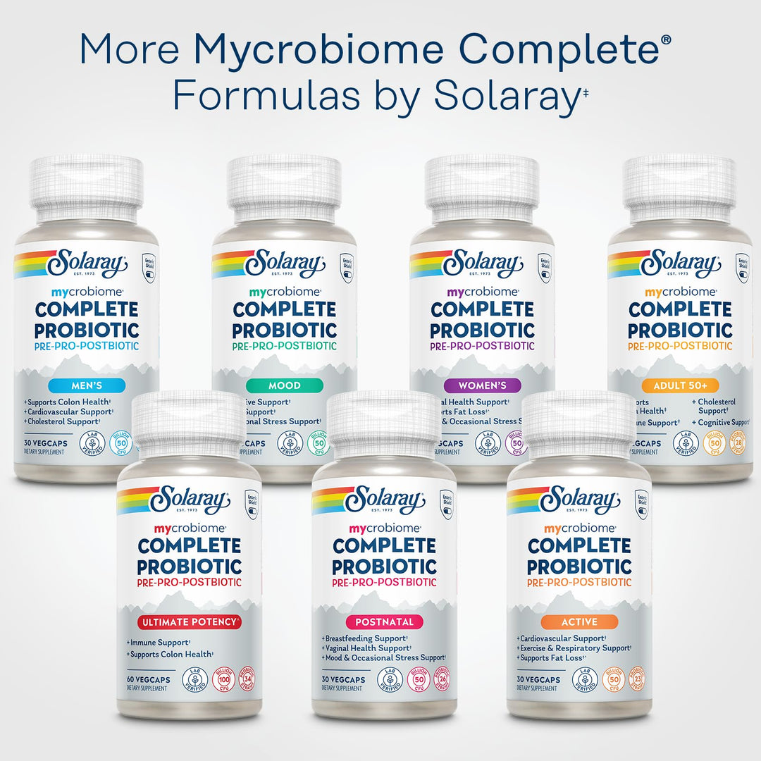 SOLARAY Mycrobiome Complete Probiotic Ultimate Potency - Pre and Probiotics for Women and Men Plus Postbiotic - 100 Billion CFU, 34 Strains - Vegan - 30 Servings, 60 VegCaps