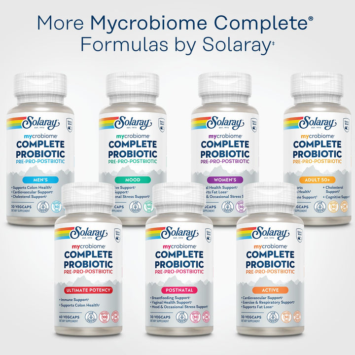 SOLARAY Mycrobiome Complete Probiotic Ultimate Potency - Pre and Probiotics for Women and Men Plus Postbiotic - 100 Billion CFU, 34 Strains - Vegan - 30 Servings, 60 VegCaps