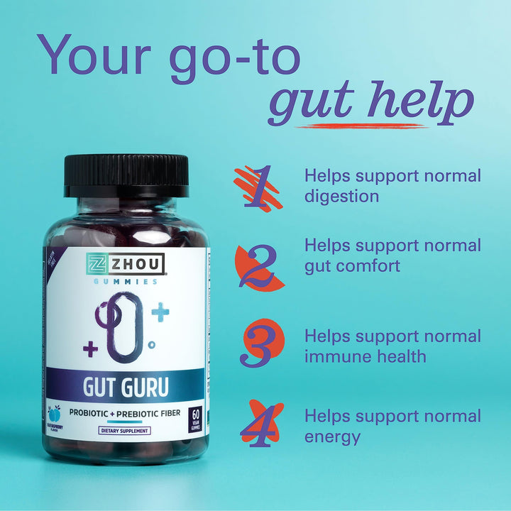 Zhou Gut Guru - Gut Health Gummies for Men and Women, Prebiotic and Probiotic Fiber Supplement for Digestion and Gut Health Support, Gluten Free, Non-GMO - 60 Vegan Gummies