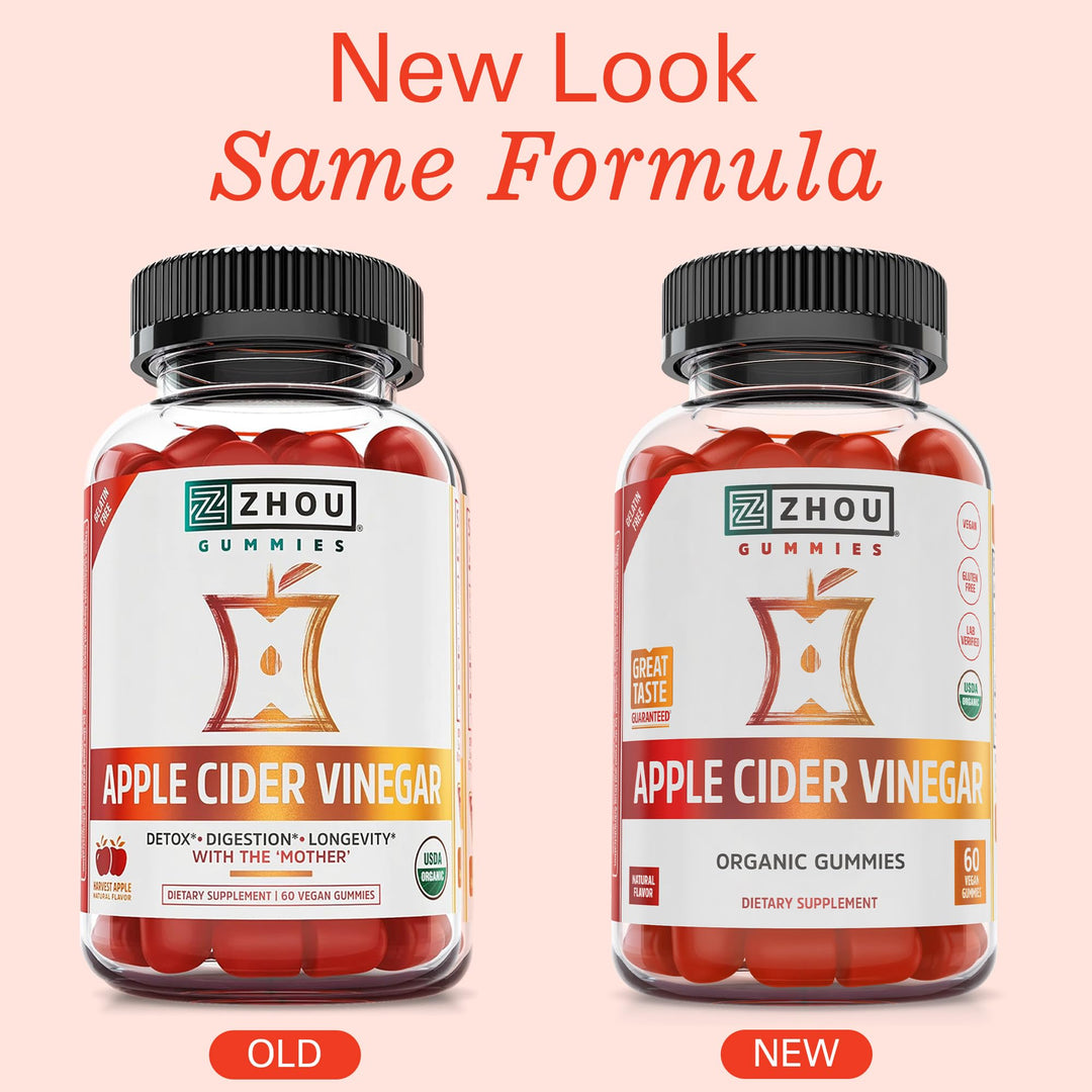 Zhou Apple Cider Vinegar Gummies - ACV Gummies for Women and Men with Elderberry, Delicious Taste with Raw Cane Sugar, USDA Organic - 60 Vegan Gummies