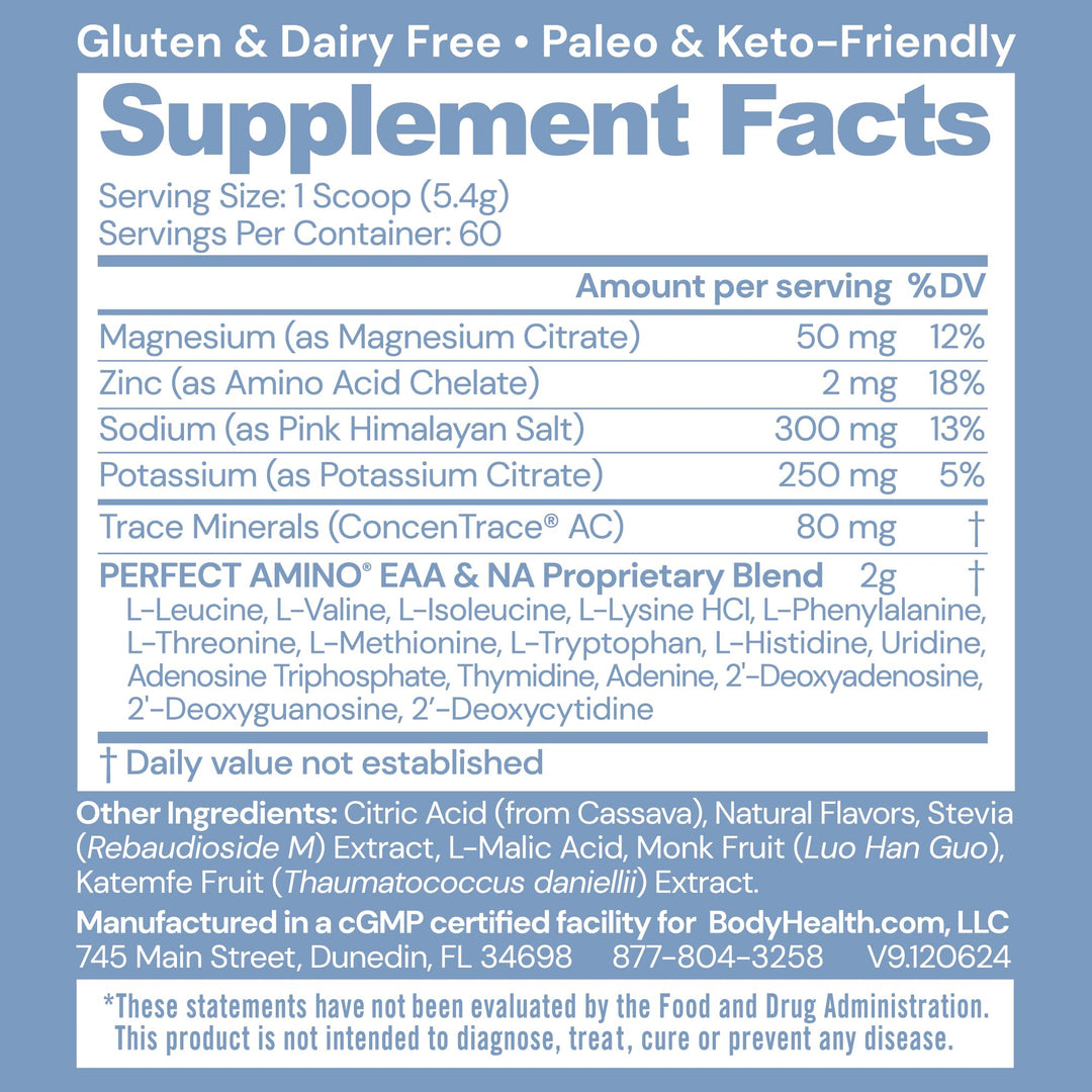 BodyHealth PerfectAmino Electrolytes Powder No Sugar, Keto Sugar Free Fasting Electrolytes Drink Mix, Hydration Powder with Trace Minerals - Orange - 60 Servings