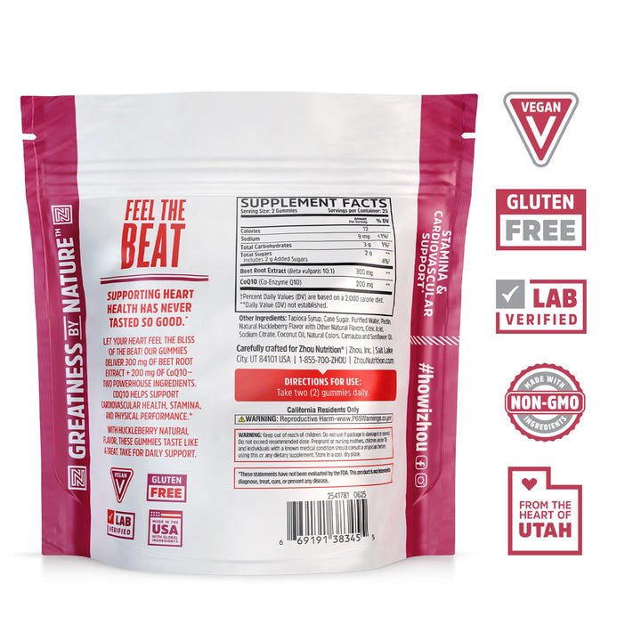 ZHOU CoQBeet Gummies - Beet Root Gummies for Men &amp; Women, Heart Health &amp; Cellular Energy Support Supplement, 300 mg Beetroot &amp; 200 mg CoQ10, Vegan, Gluten Free, Natural Huckleberry Flavor - 50 Count