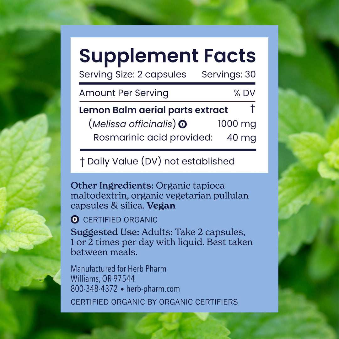 Herb Pharm Lemon Balm Calm Capsules: Calming Nervous System Support, Certified Organic Capsules with Lemon Balm Leaf Extract, Melatonin Free Relaxing Supplement, Vegan, 30 Day Supply, 60 Capsules