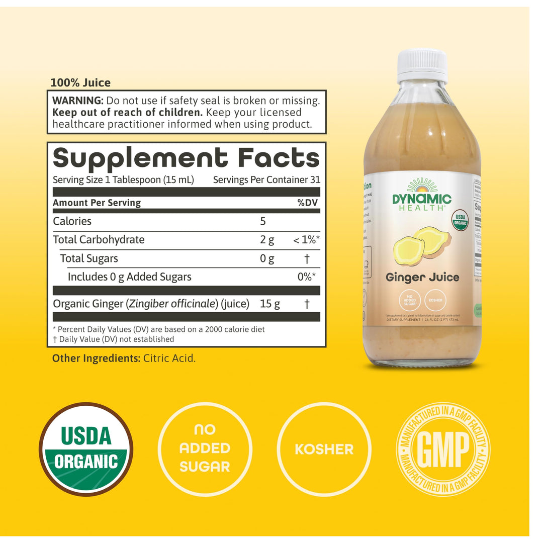 Dynamic Health Organic Ginger Juice – Bold, Plant-Powered Flavor for Wellness Support – USDA Organic, No Added Sugar, Kosher Certified – 31 Servings, 16 FL OZ
