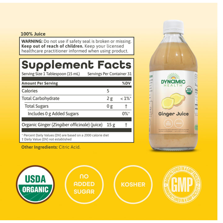 Dynamic Health Organic Ginger Juice – Bold, Plant-Powered Flavor for Wellness Support – USDA Organic, No Added Sugar, Kosher Certified – 31 Servings, 16 FL OZ