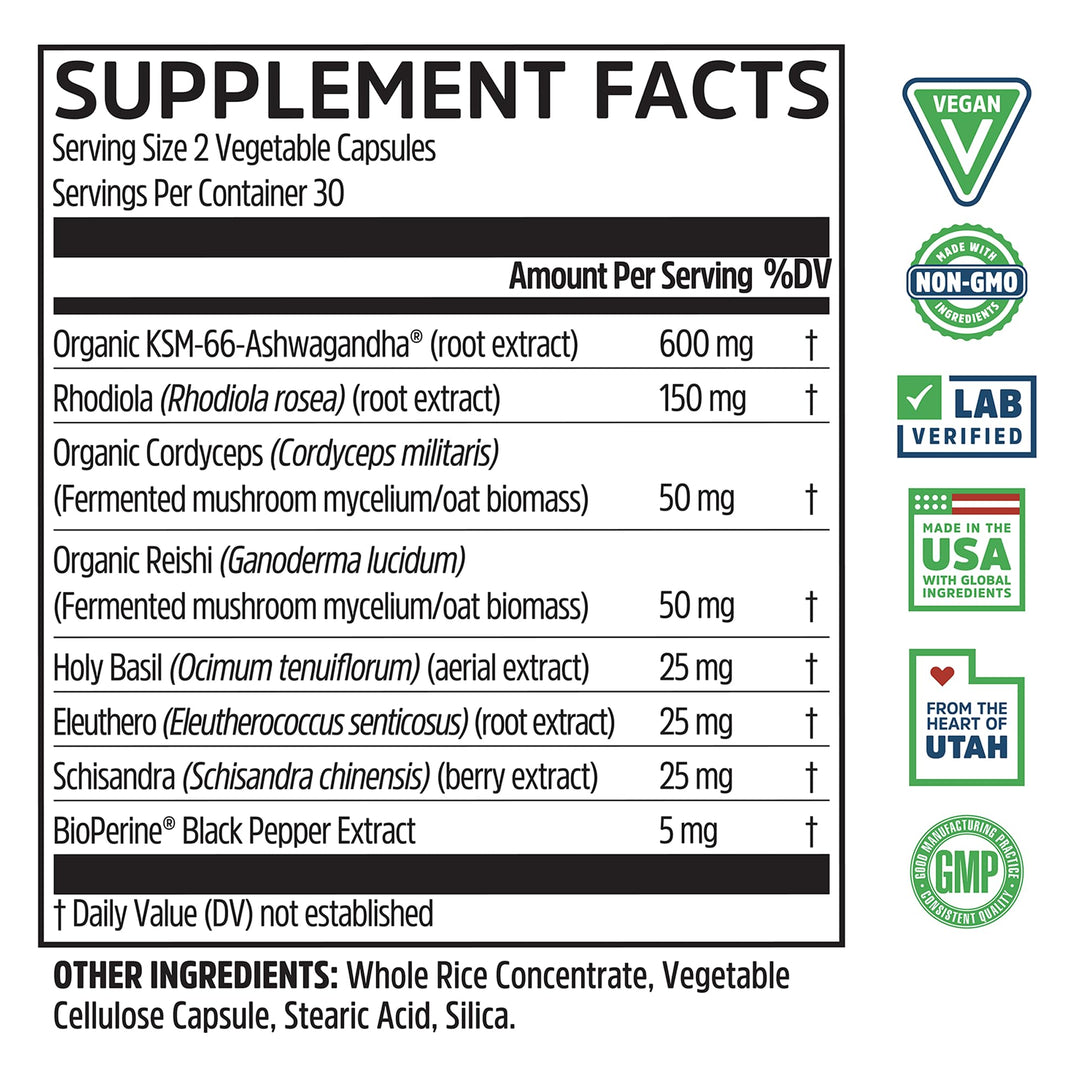 Zhou Nutrition Ashwagandha Capsules, Mood Enhancer, Energy Boost, Blend of Rhodiola, Holy Basil, Cordyceps, Reishi &amp; Ashwagandha Supplement, 30 Servings, 60 Capsules