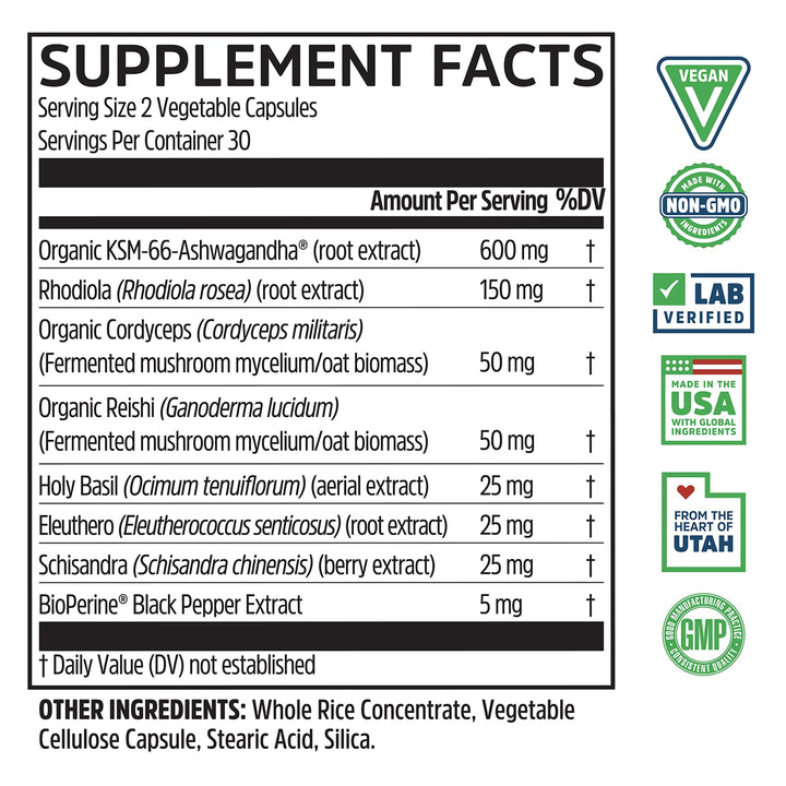Zhou Nutrition Ashwagandha Capsules, Mood Enhancer, Energy Boost, Blend of Rhodiola, Holy Basil, Cordyceps, Reishi &amp; Ashwagandha Supplement, 30 Servings, 60 Capsules