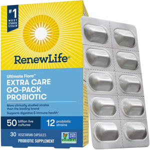 Renew Life Adult Probiotics, 50 Billion CFU Guaranteed, Extra Care Go-Pack, Probiotic Supplement for Digestive & Immune Health, Shelf Stable, Gluten Dairy & Soy Free, 30 Capsules