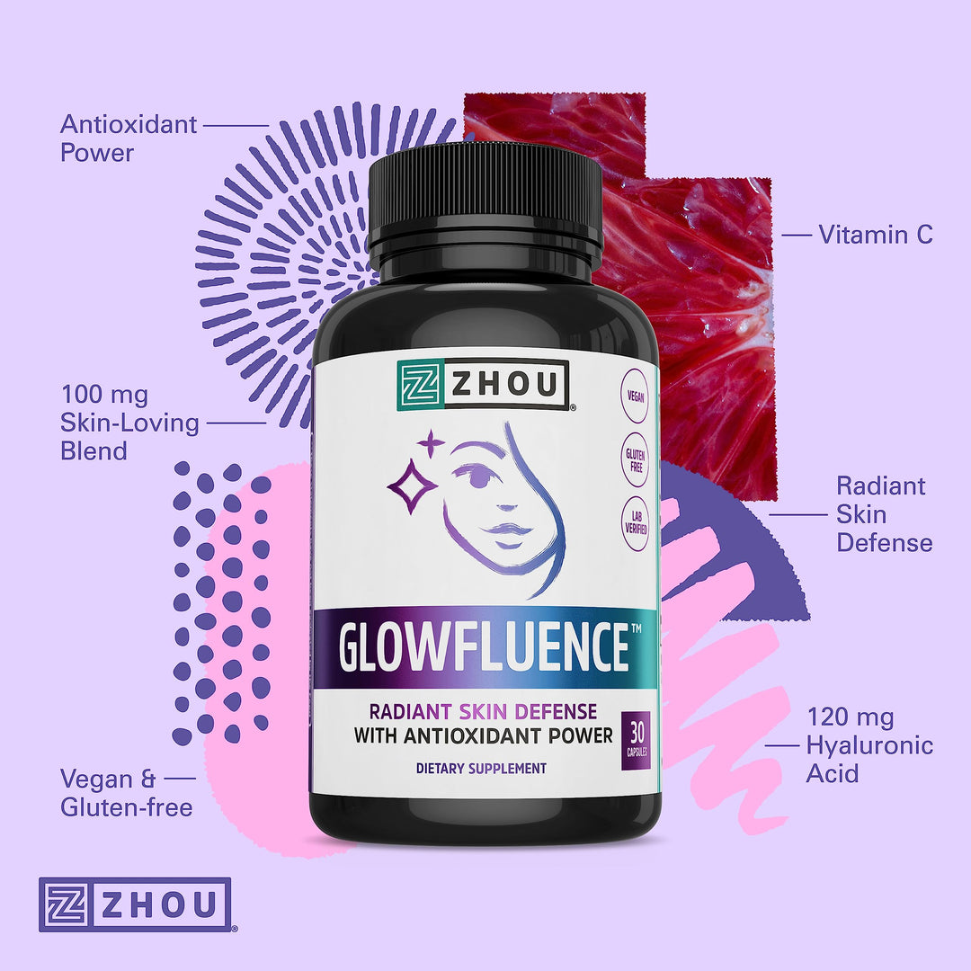 Zhou Glowfluence - Hyaluronic Acid Supplement with Vitamin C and Antioxidants, Glowing Skin and Hydration Support, Hyaluronic Acid Pills for Women and Men, Pure Formula - 30 Vegetarian Capsules
