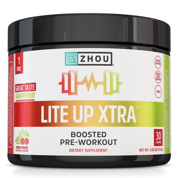 ZHOU Lite Up Xtra - Sugar Free Pre Workout Powder for Women &amp; Men, Preworkout Supplement with Caffeine for Clean Energy, Amino Acid Support, Hydrate &amp; Focus, Plant Based - Cherry Limeade, 16 oz Jar